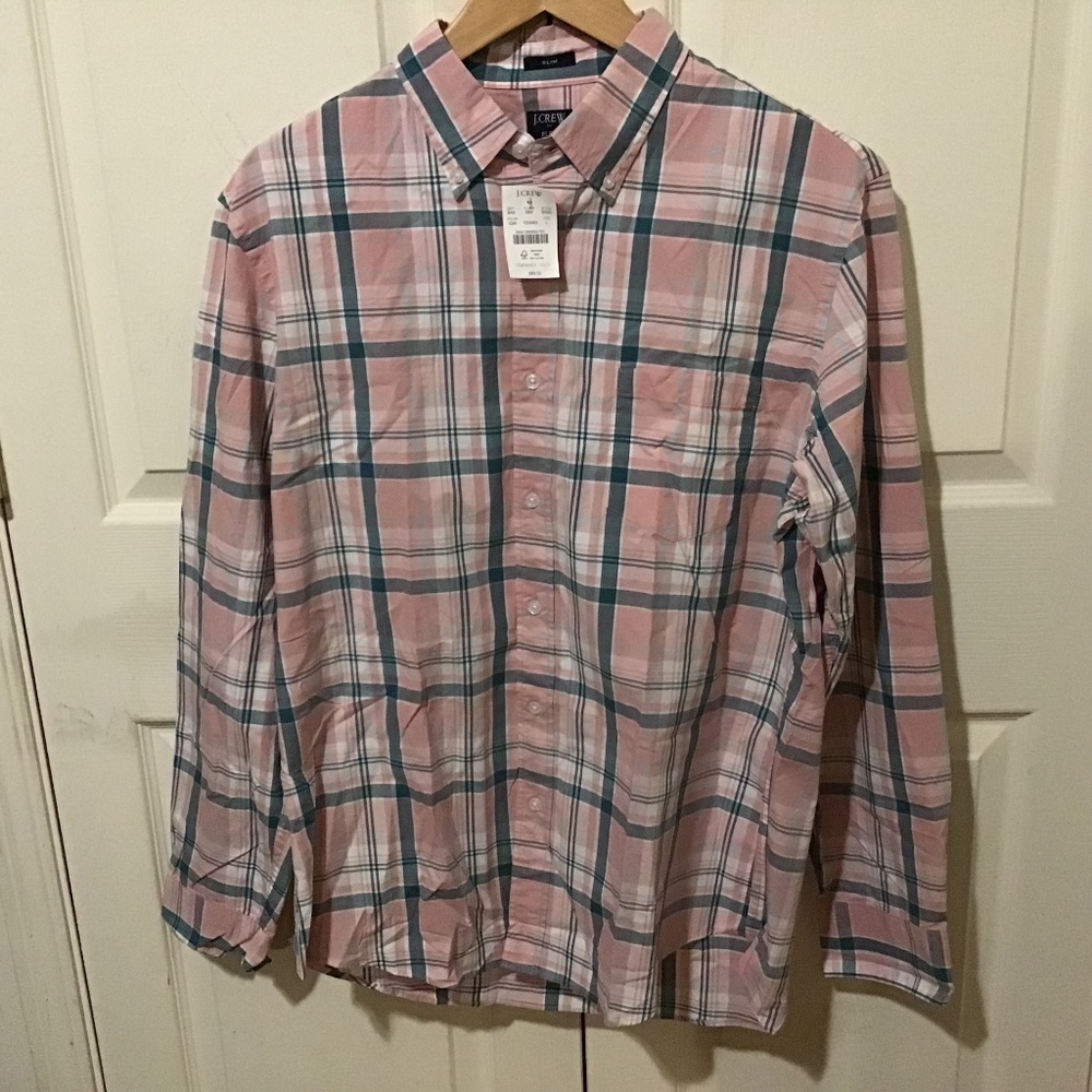 NWT J. Crew Men's plaid flannel shirt Slim Fit Button Down Pink multi Size L